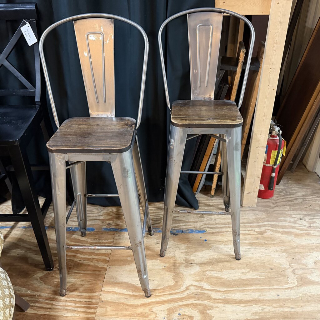 Pair Industrial Style Wood + Metal Bar Stools