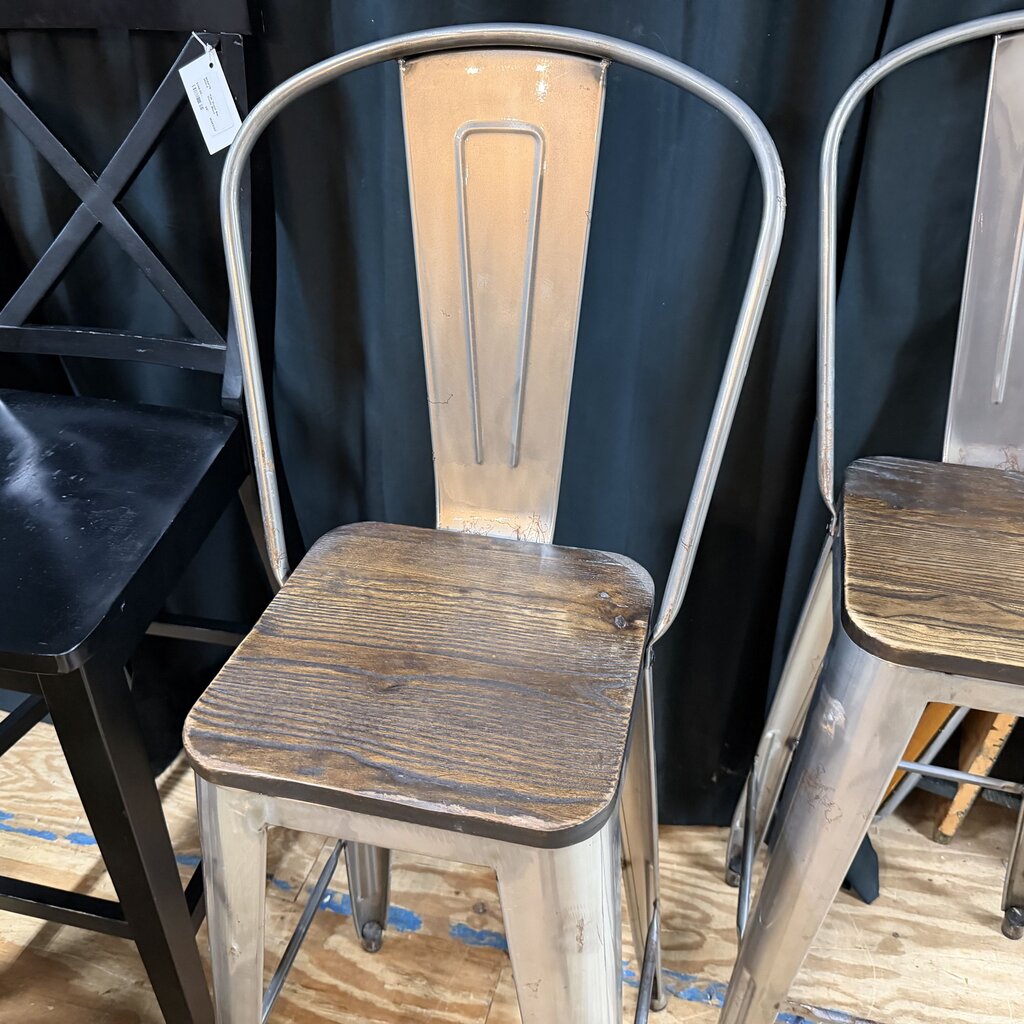 Pair Industrial Style Wood + Metal Bar Stools