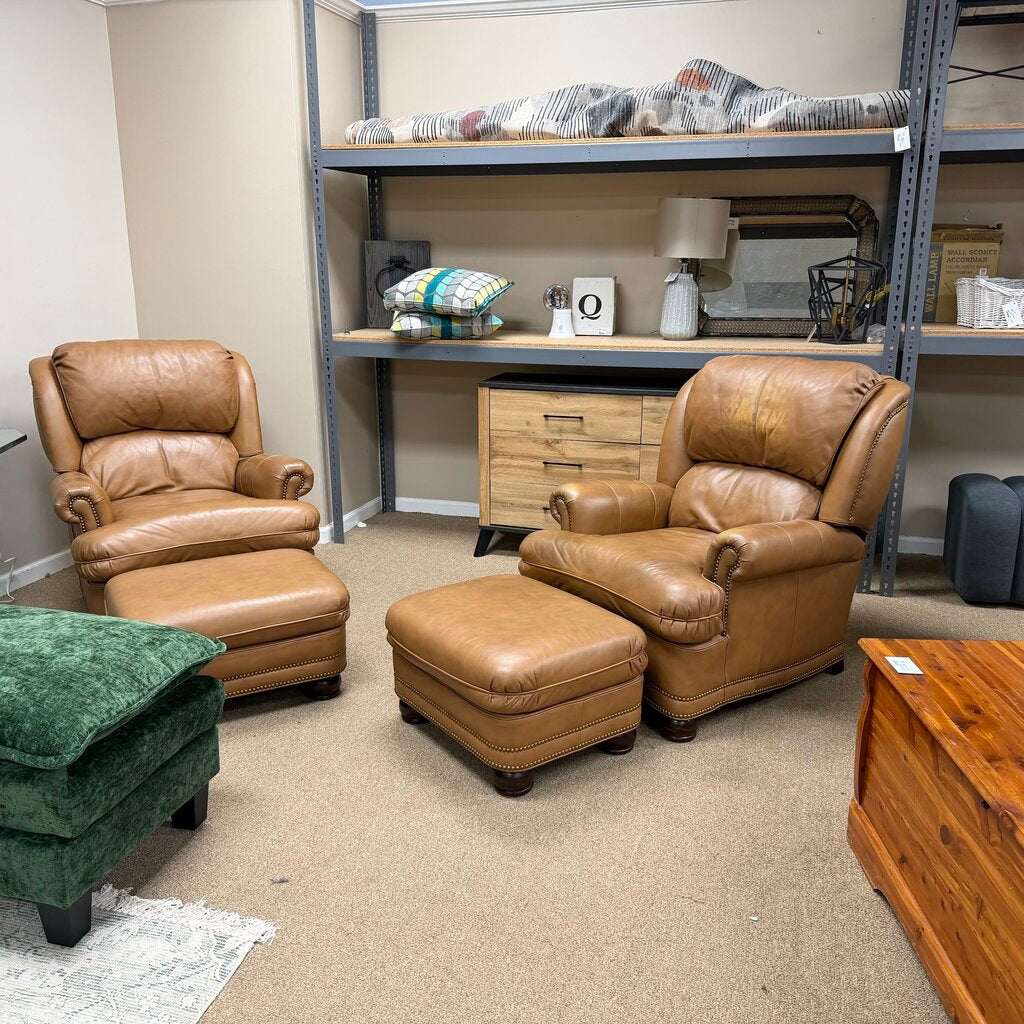 Pair Leather Recliners + Ottomans