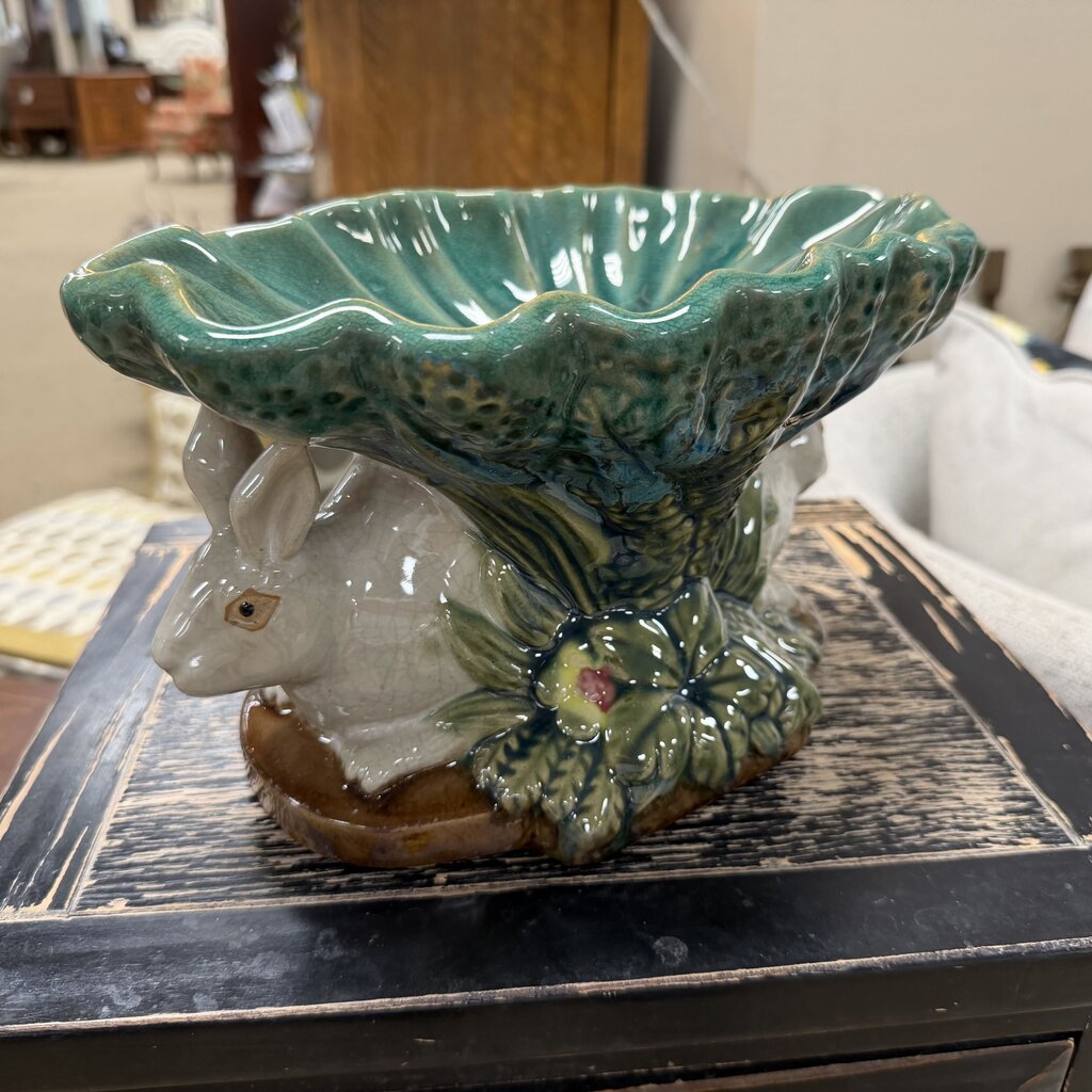 Majolica-Style Ceramic Bunnies Compote