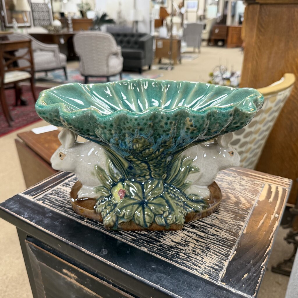 Majolica-Style Ceramic Bunnies Compote