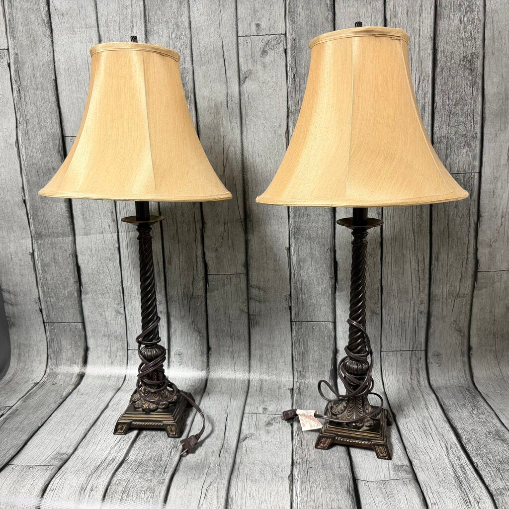 Pair Bronze Wood Table Lamps