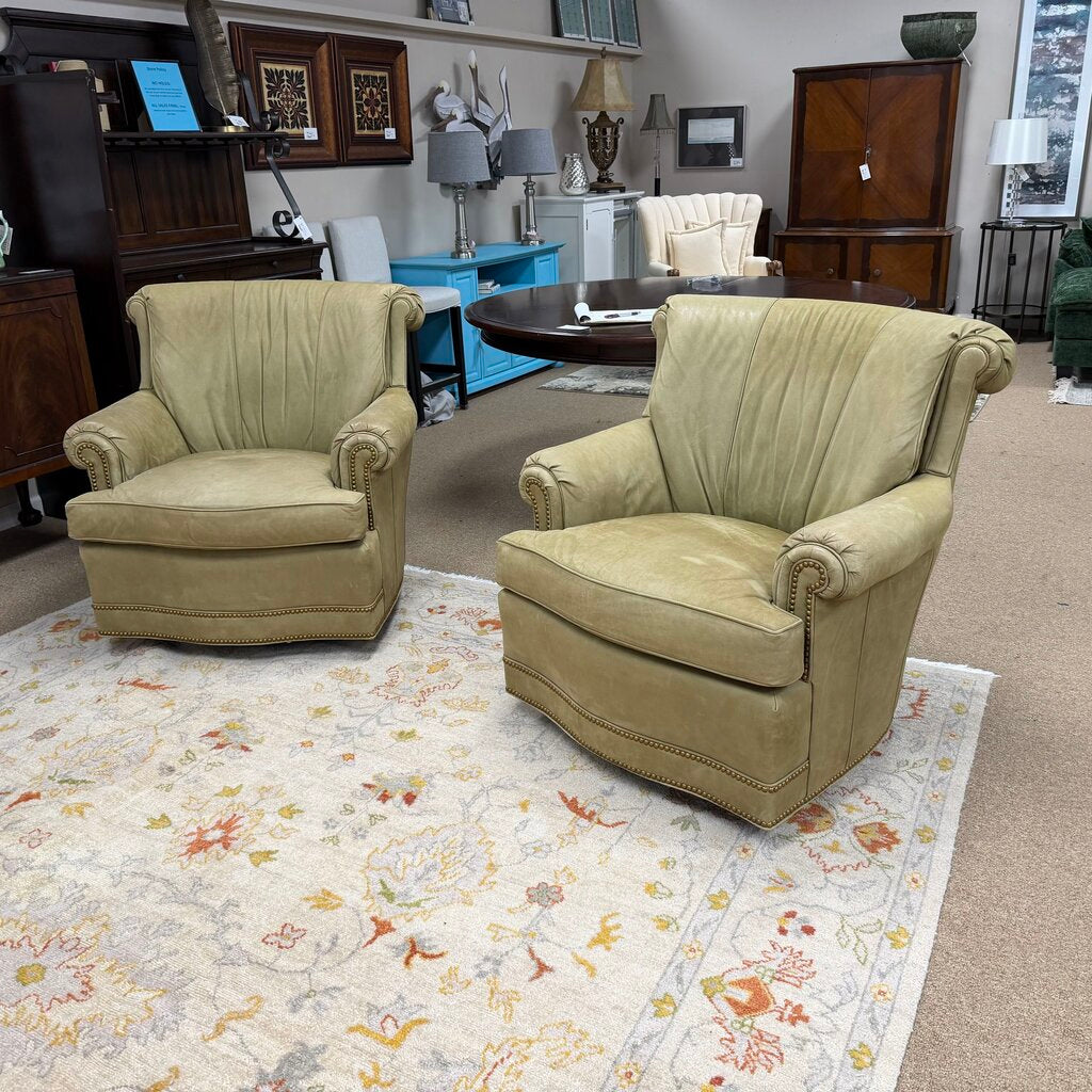 Pair Leather Swivel Rocker Club Chairs