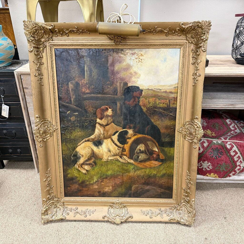 Hunting Dogs w/Game Basket Large Framed Oil Painting w/Gallery Light