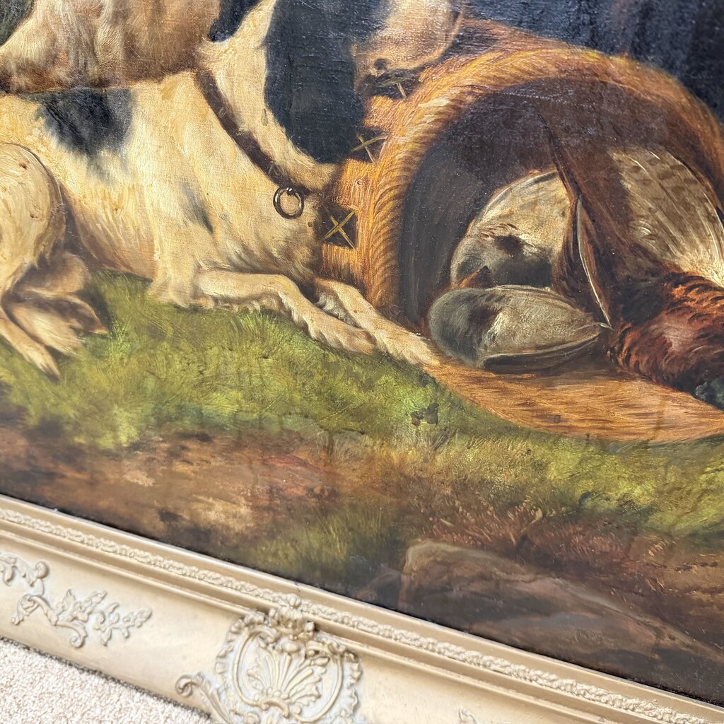 Hunting Dogs w/Game Basket Large Framed Oil Painting w/Gallery Light