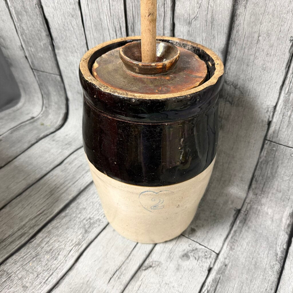 Antique 2-qt Stoneware Butter Churn w/Lid + Paddle