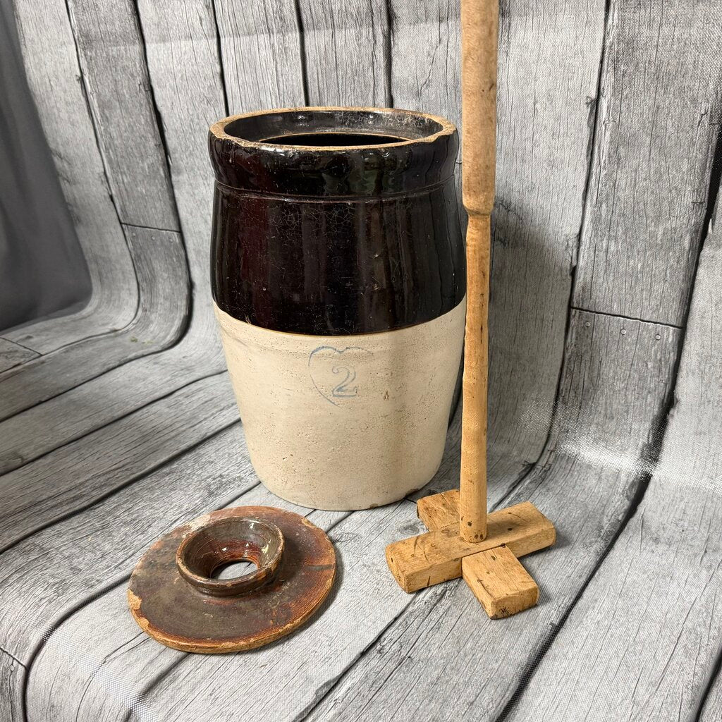 Antique 2-qt Stoneware Butter Churn w/Lid + Paddle