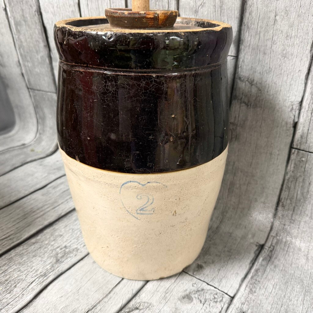 Antique 2-qt Stoneware Butter Churn w/Lid + Paddle