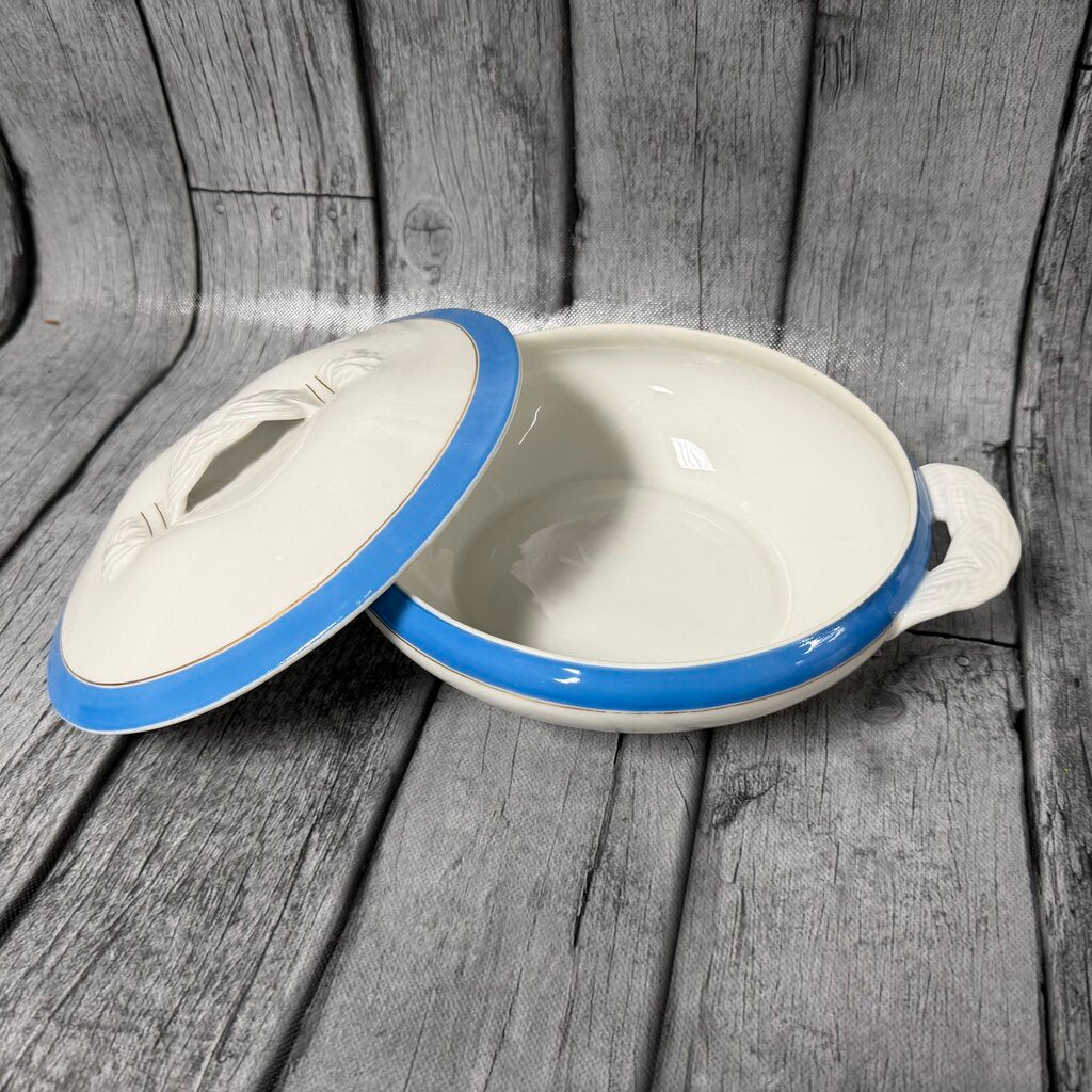 Antique Round Covered Serving Dish – Blue Band & Gold Trim