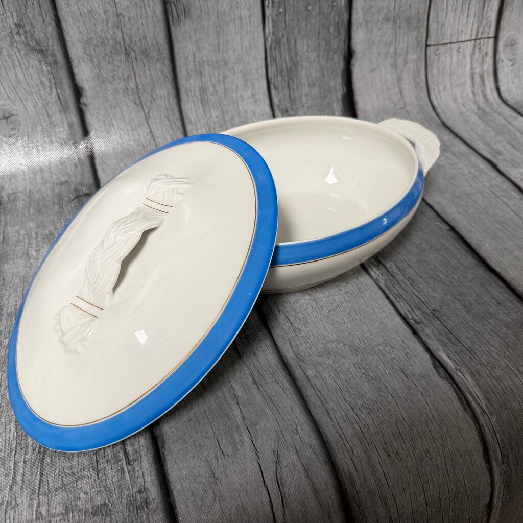 Antique Oval Covered Serving Dish – Blue Band & Gold Trim