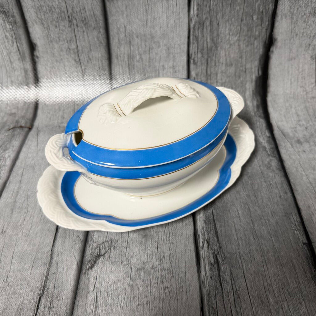 Antique Covered Gravy Boat on Platter – Blue Band & Gold Trim