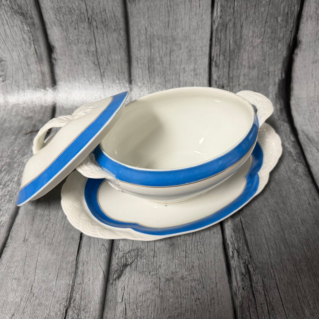 Antique Covered Gravy Boat on Platter – Blue Band & Gold Trim