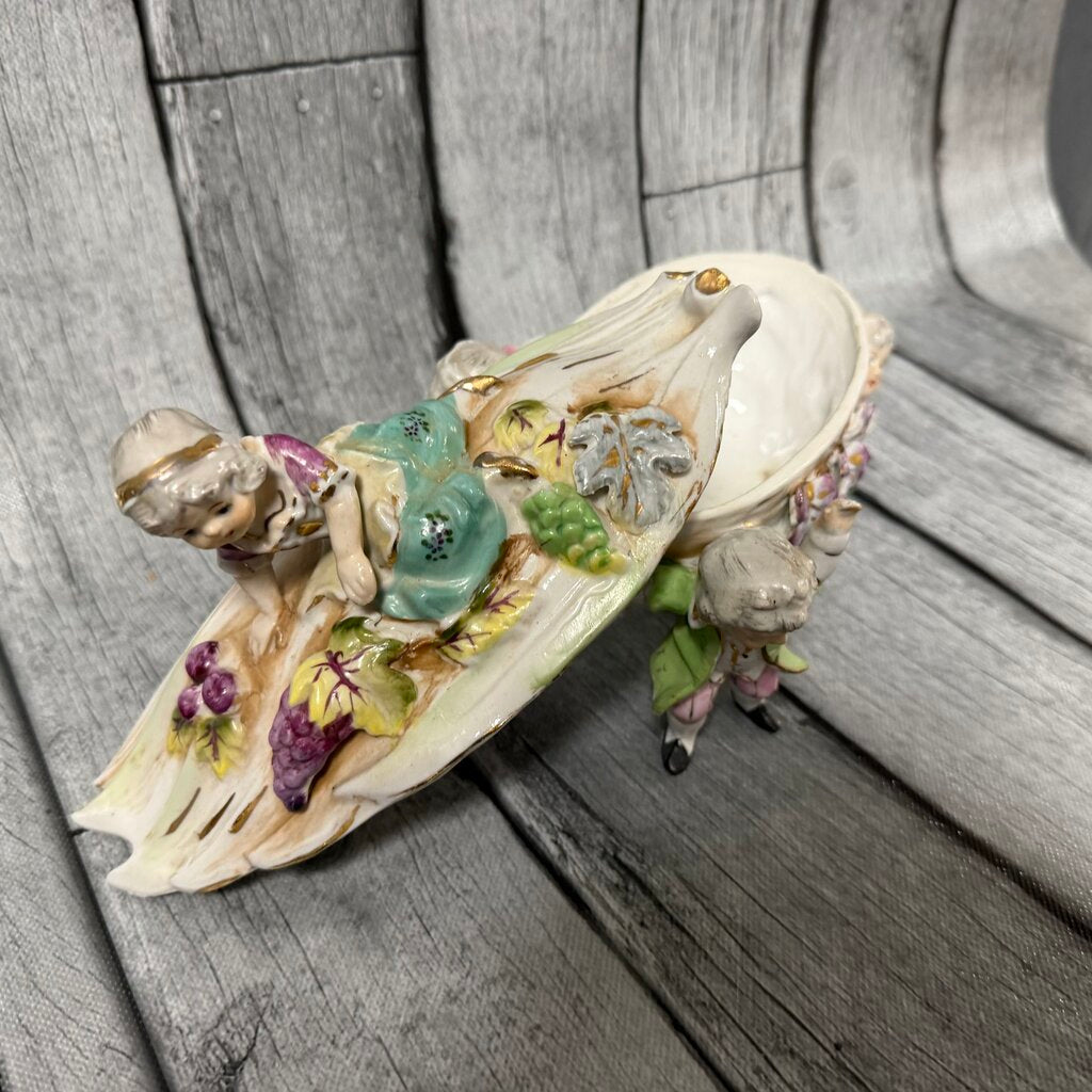 Vintage Porcelain Covered Dish with Cherubic Children and Grapes