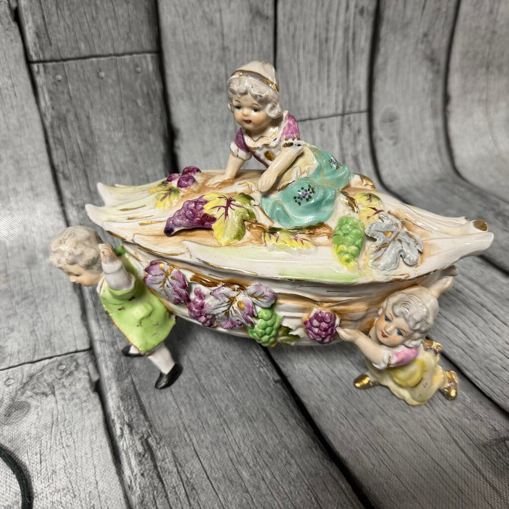 Vintage Porcelain Covered Dish with Cherubic Children and Grapes