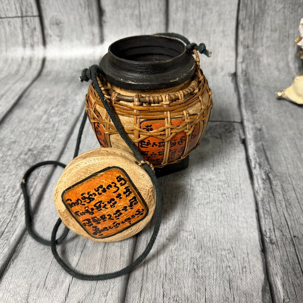 Handcrafted Southeast Asian Bamboo Ritual Vessel with Script Panels