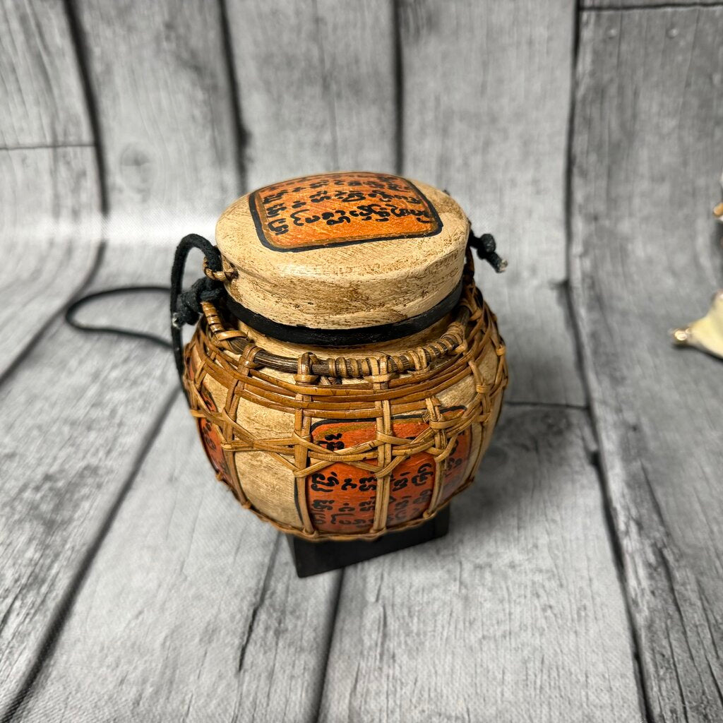 Handcrafted Southeast Asian Bamboo Ritual Vessel with Script Panels