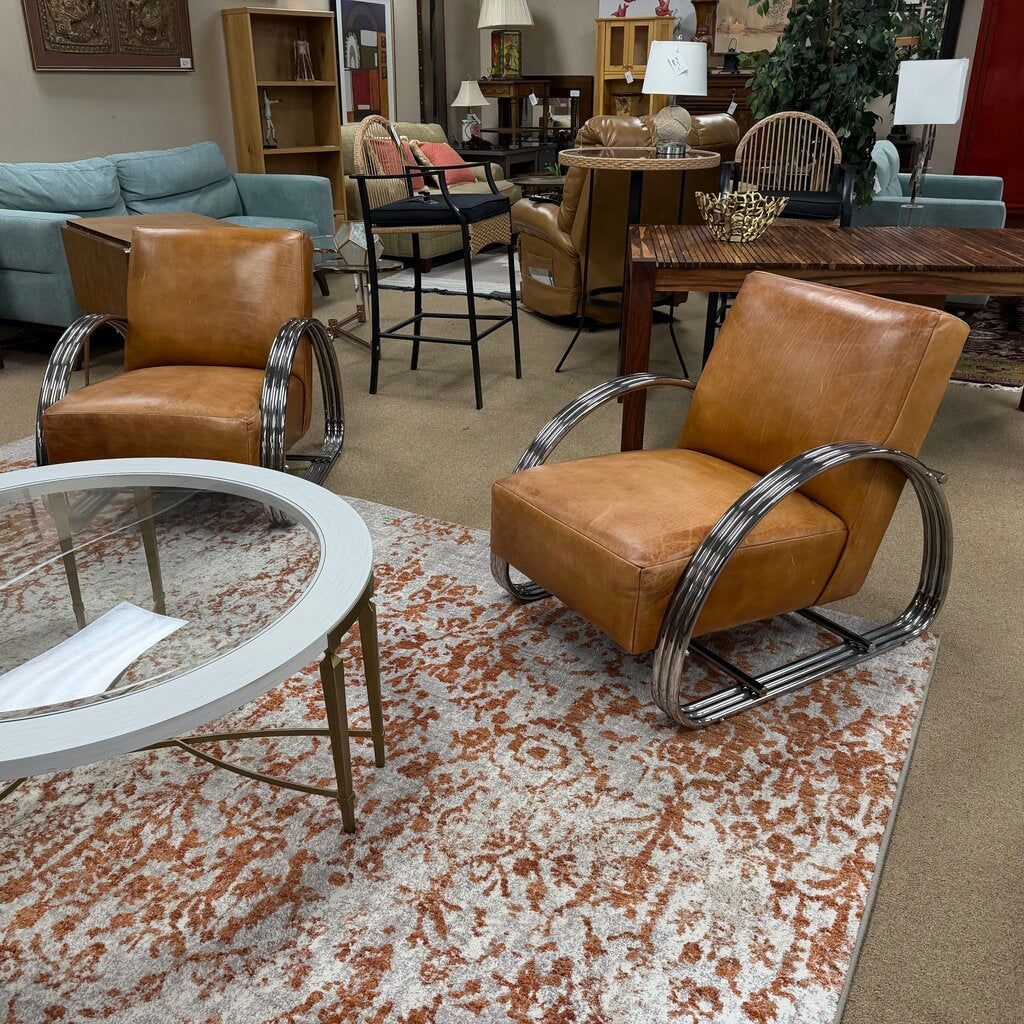 Pair Modernist Leather & Chrome Lounge Chairs