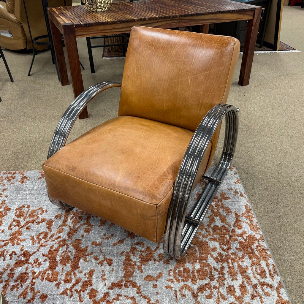 Pair Modernist Leather & Chrome Lounge Chairs