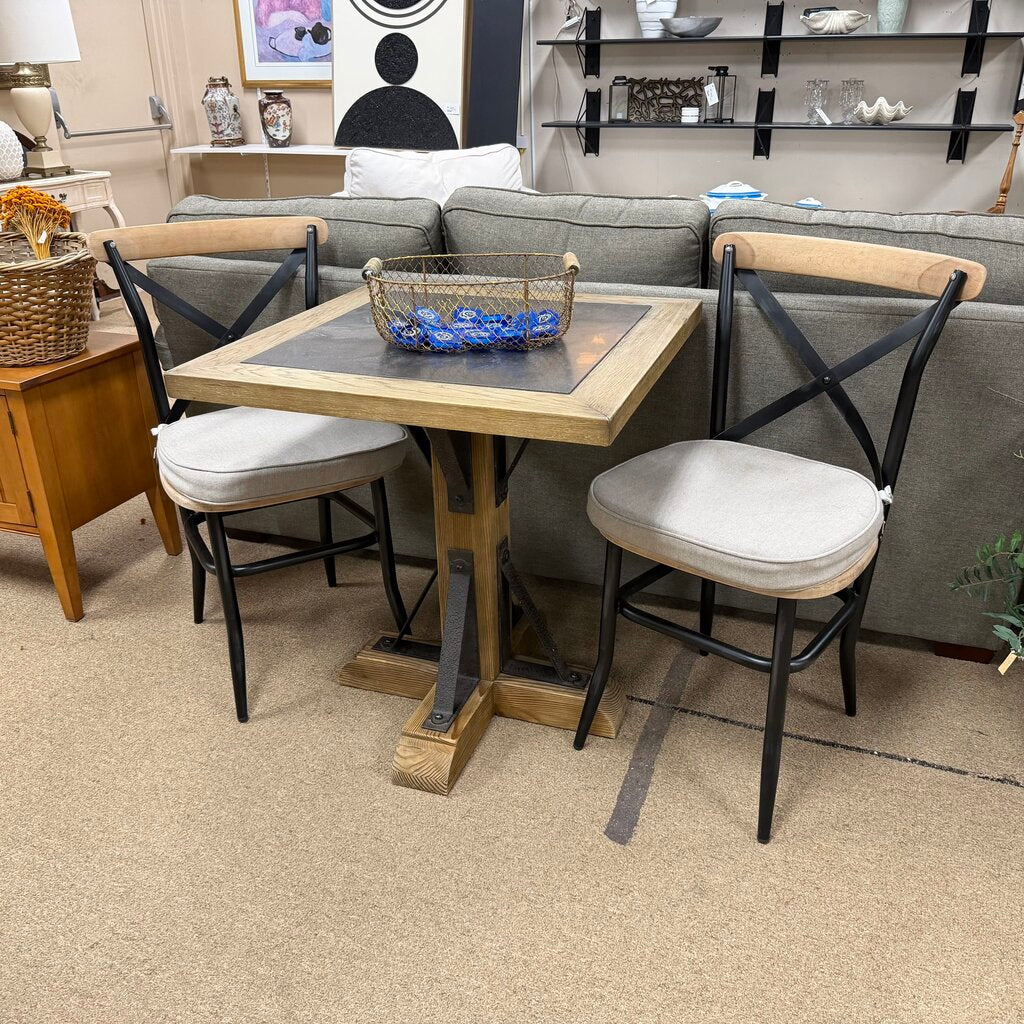 Square Wood + Stone Table + 2 Chairs