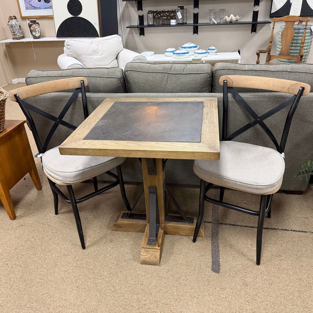 Square Wood + Stone Table + 2 Chairs