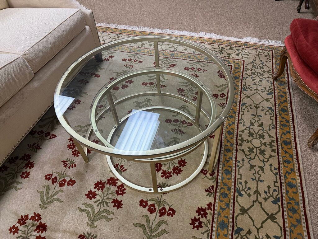 Pair Nesting Round Metal + Glass Coffee Tables