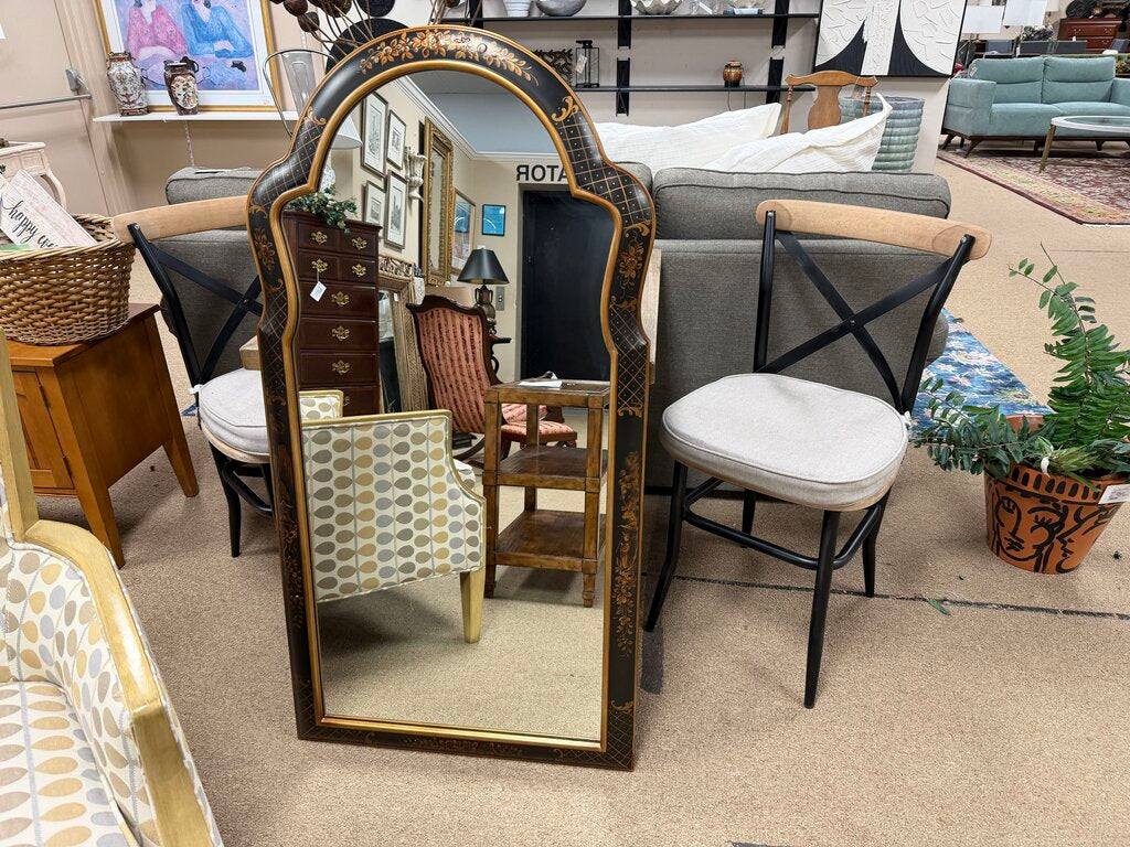 Chinoiserie-Style Black Lacquer Mirror w/Gold Floral Detailing