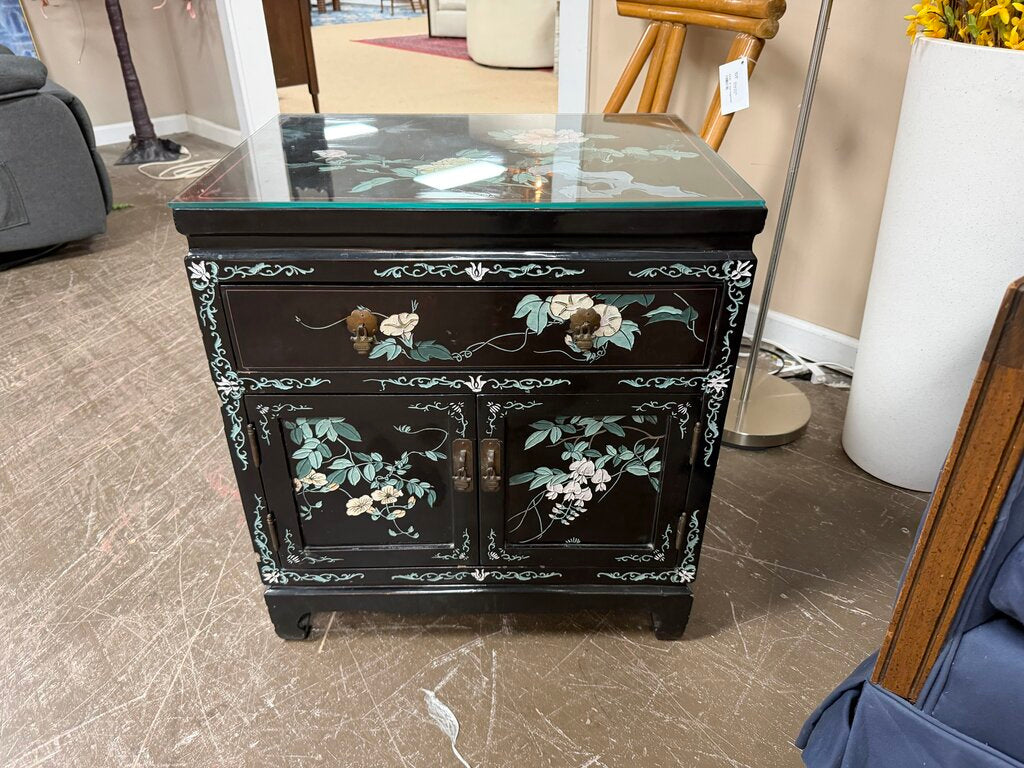 Hand-Painted Black Lacquered Asian Accent Table w/Mother of Pearl Inlay Accents