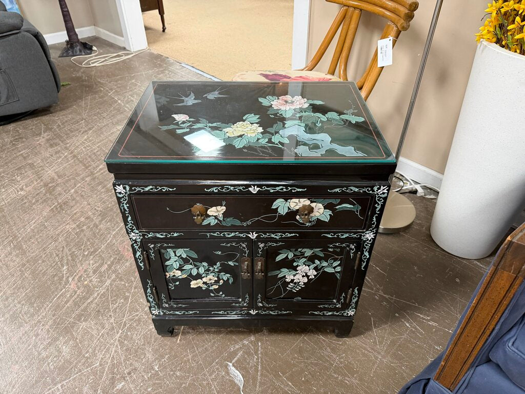 Hand-Painted Black Lacquered Asian Accent Table w/Mother of Pearl Inlay Accents
