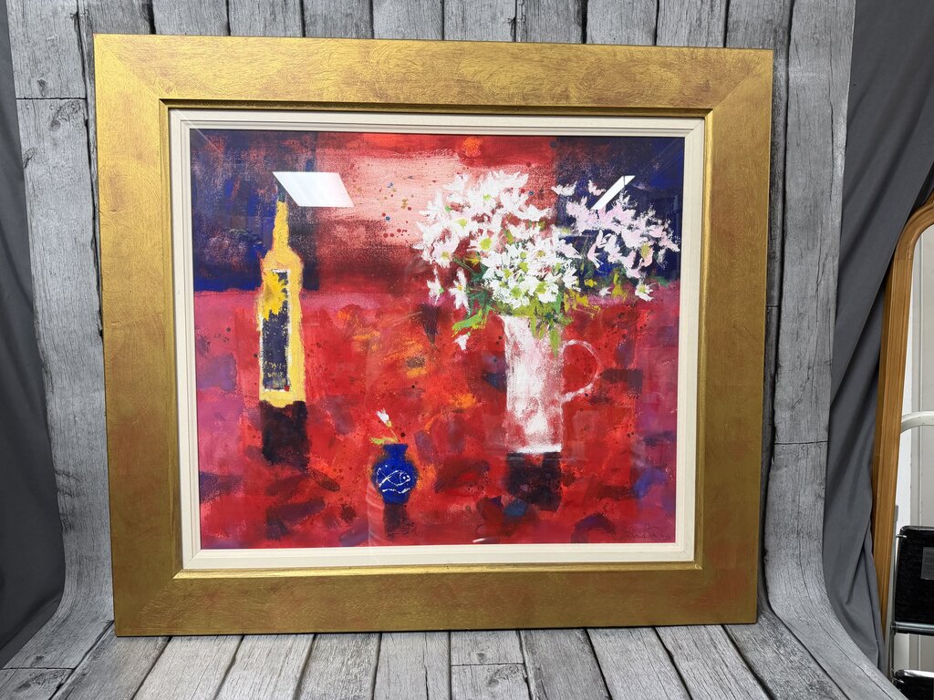 "Chrysanthemums on Red" Original Mixed Media