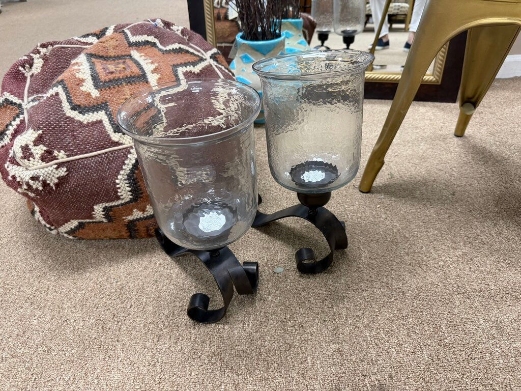 *NEW* Pair Metal + Glass Hurricane Candleholders