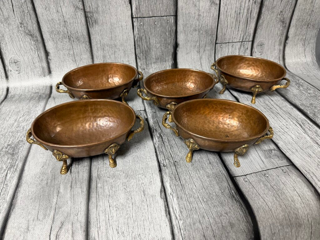Set/5 Middle Eastern Hammered Copper Bowls w/Brass Handles + Feet