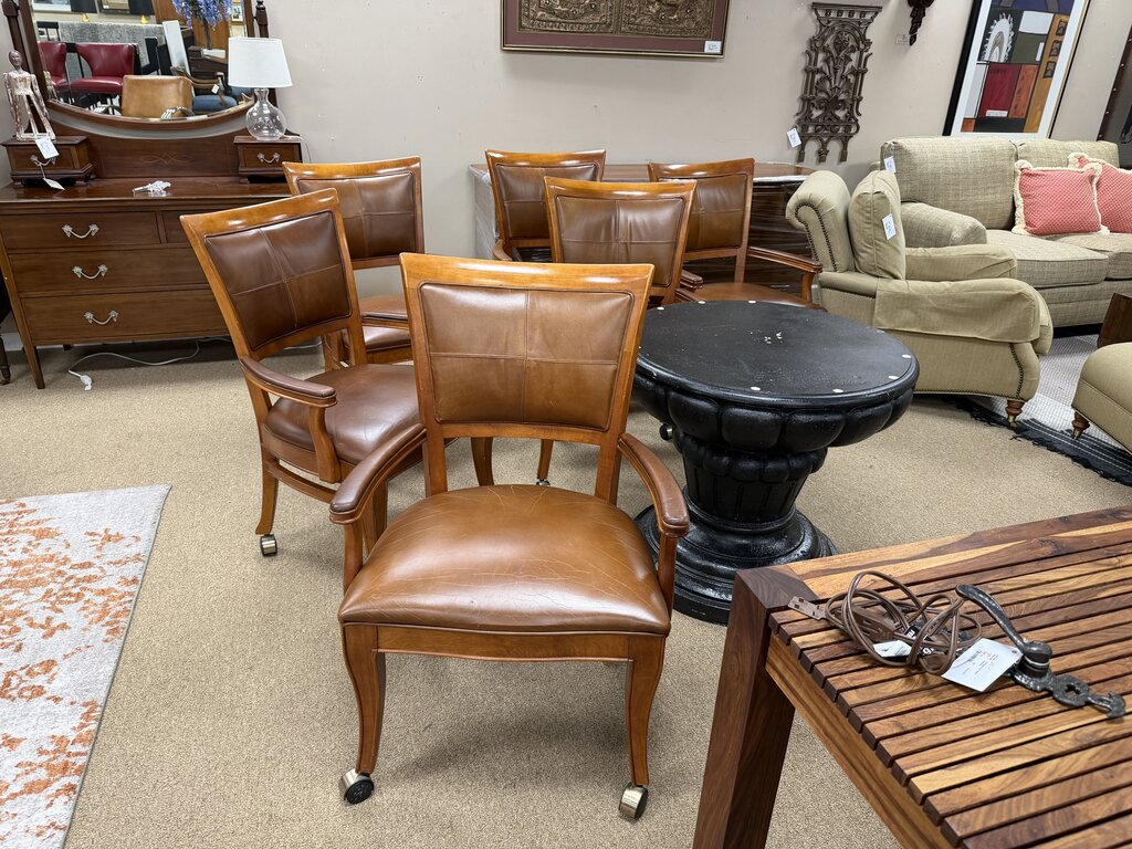 Set/6 Wood + Leather Armchairs on Casters