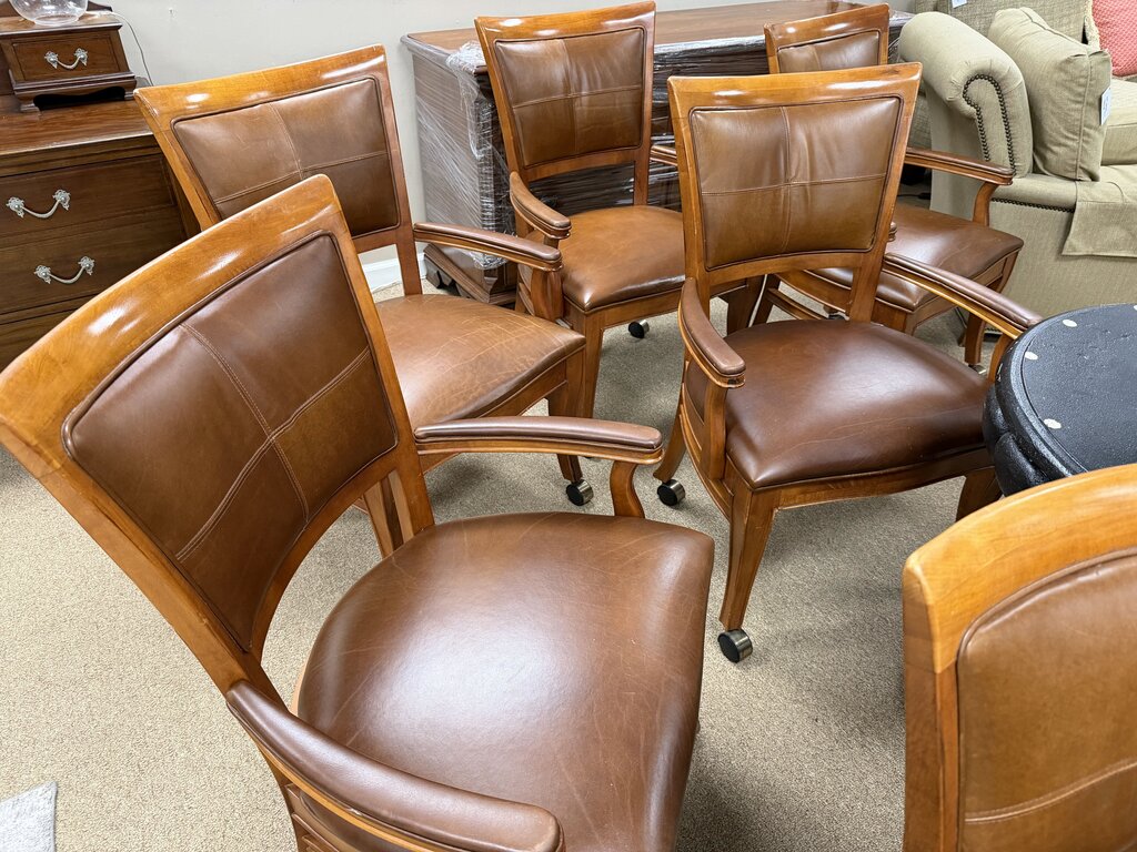 Set/6 Wood + Leather Armchairs on Casters
