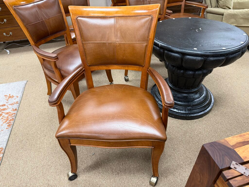 Set/6 Wood + Leather Armchairs on Casters