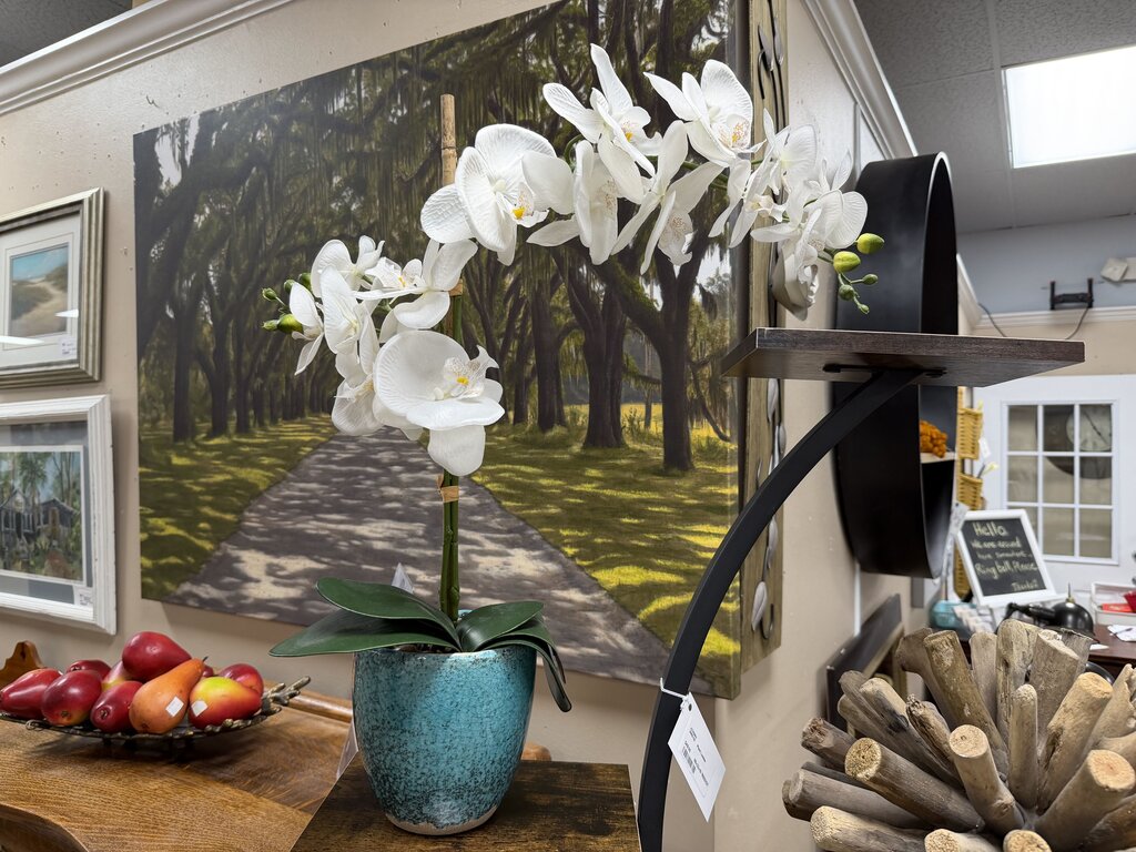 Faux Orchid in Blue Planter