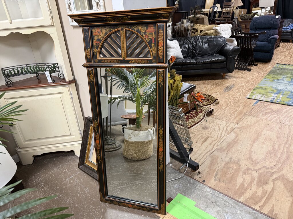 Tall Chinoiserie Style Black Mirror