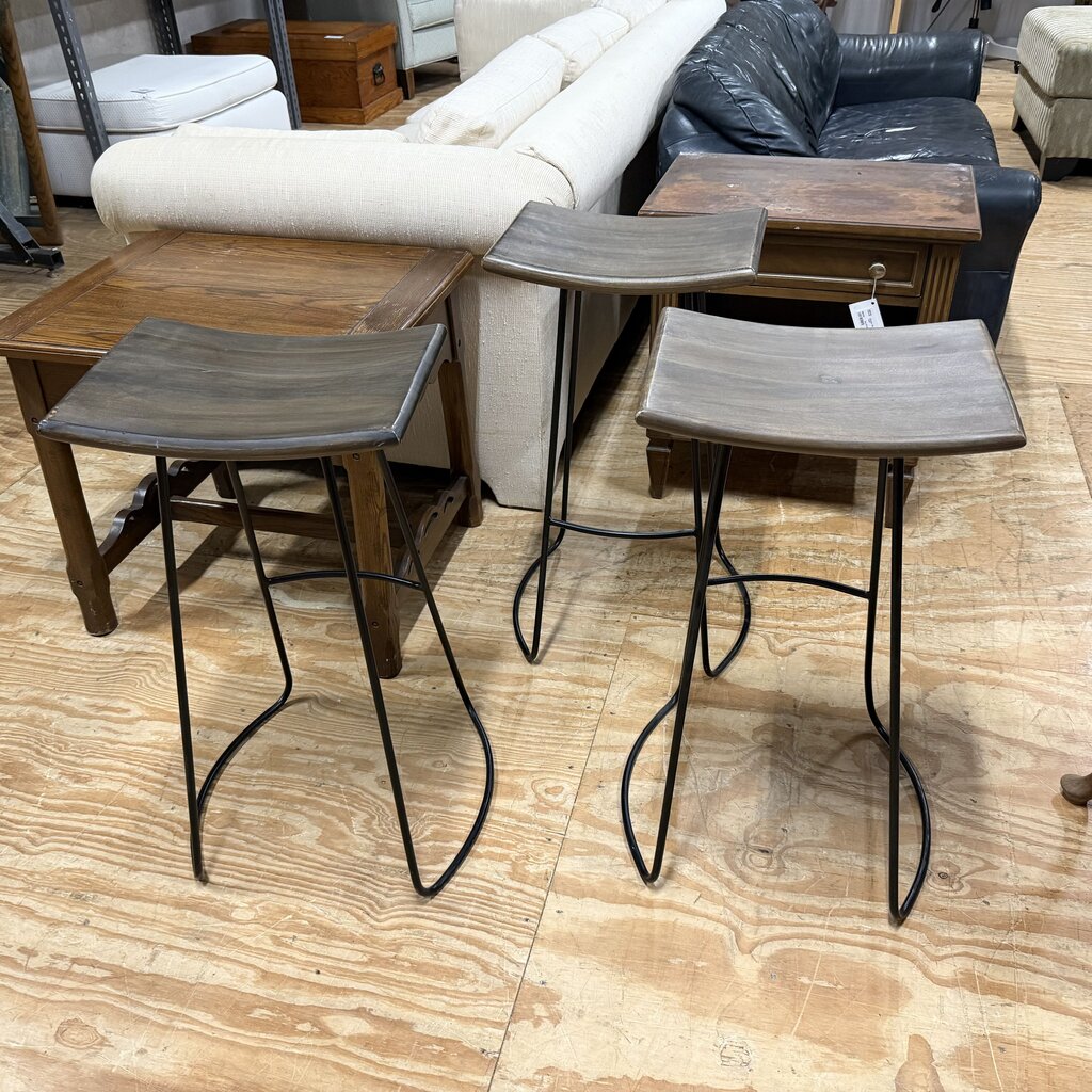 Set/3 Metal + Wood Saddle Barstools