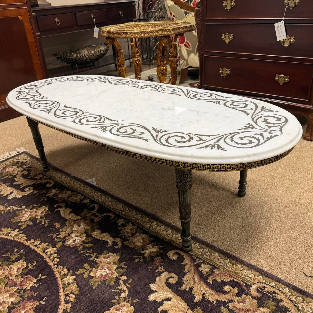 Mid Century Neoclassical Etched Marble Top Coffee Table