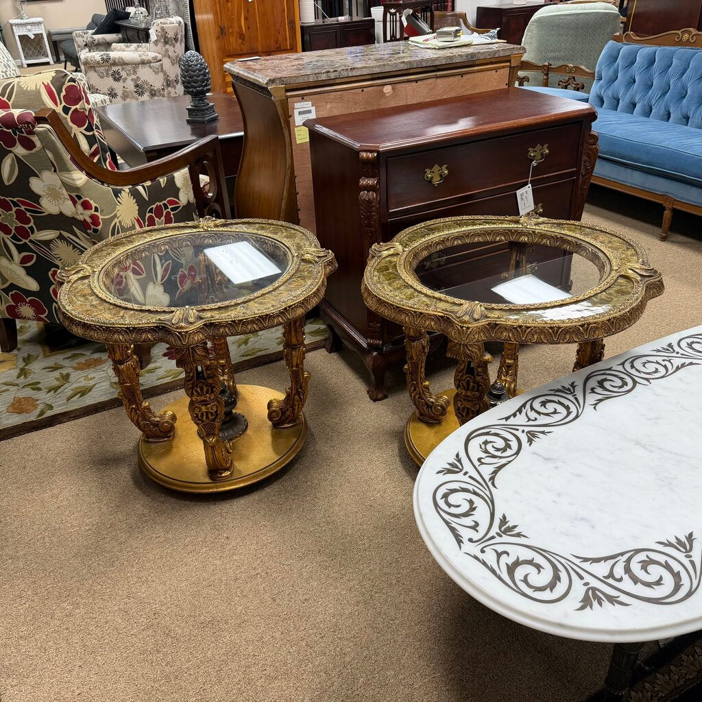 Pair Round Mid Century Gilded Ornate Neoclassical Side Tables