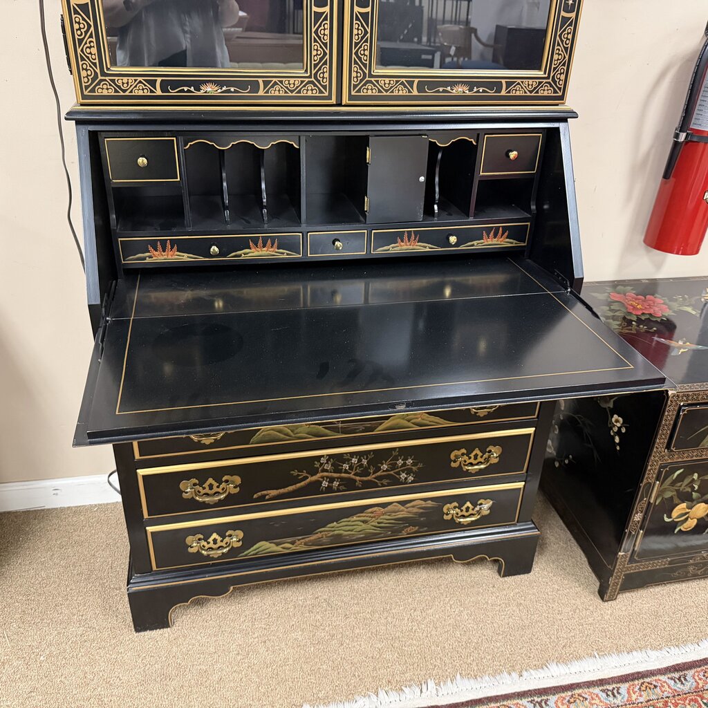 Black Lacquer Chinoiserie Secretary with Hutch