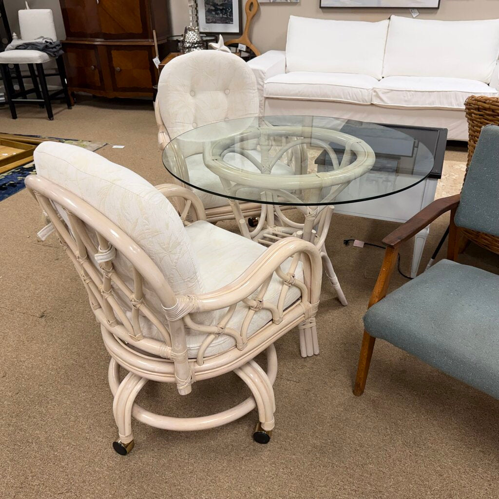 Round Glass Top Rattan Table + 2 Chairs on Casters