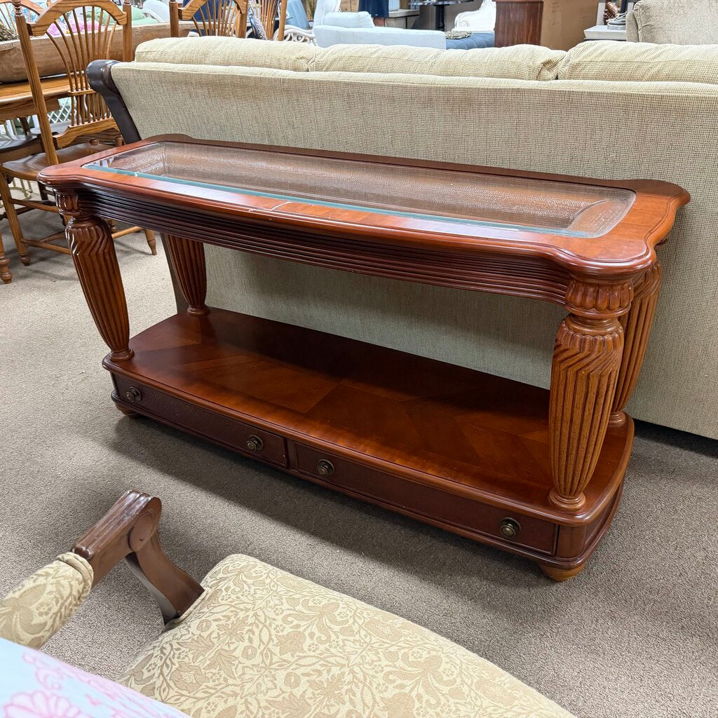 2-Tier Glass Top Wood + Woven Look Console Table