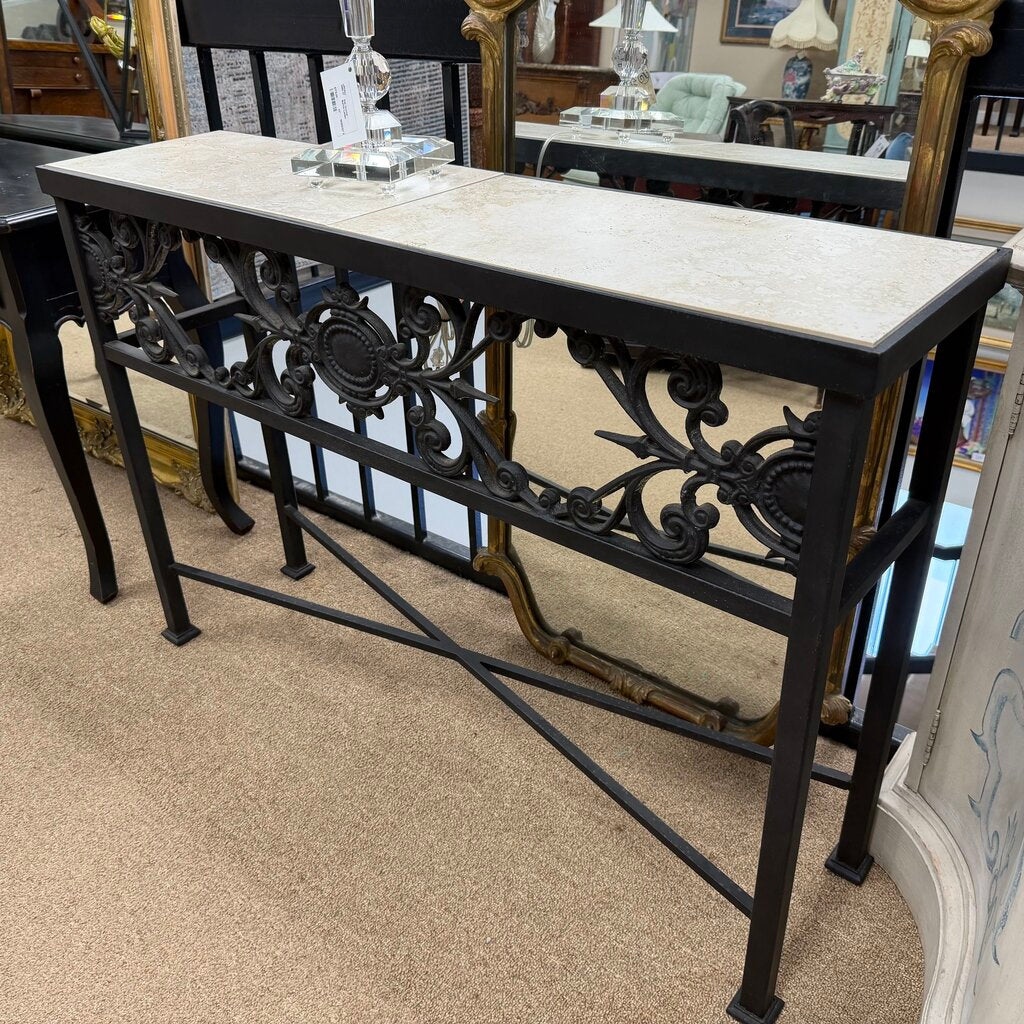 Heavy Wrought Iron Console Table w/Stone Top