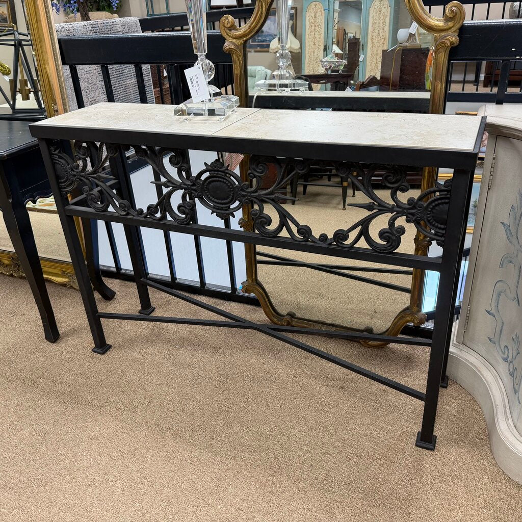Heavy Wrought Iron Console Table w/Stone Top