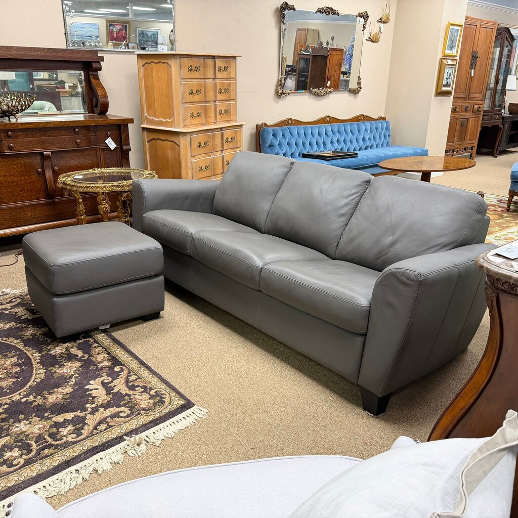 Grey Leather Sofa + Ottoman