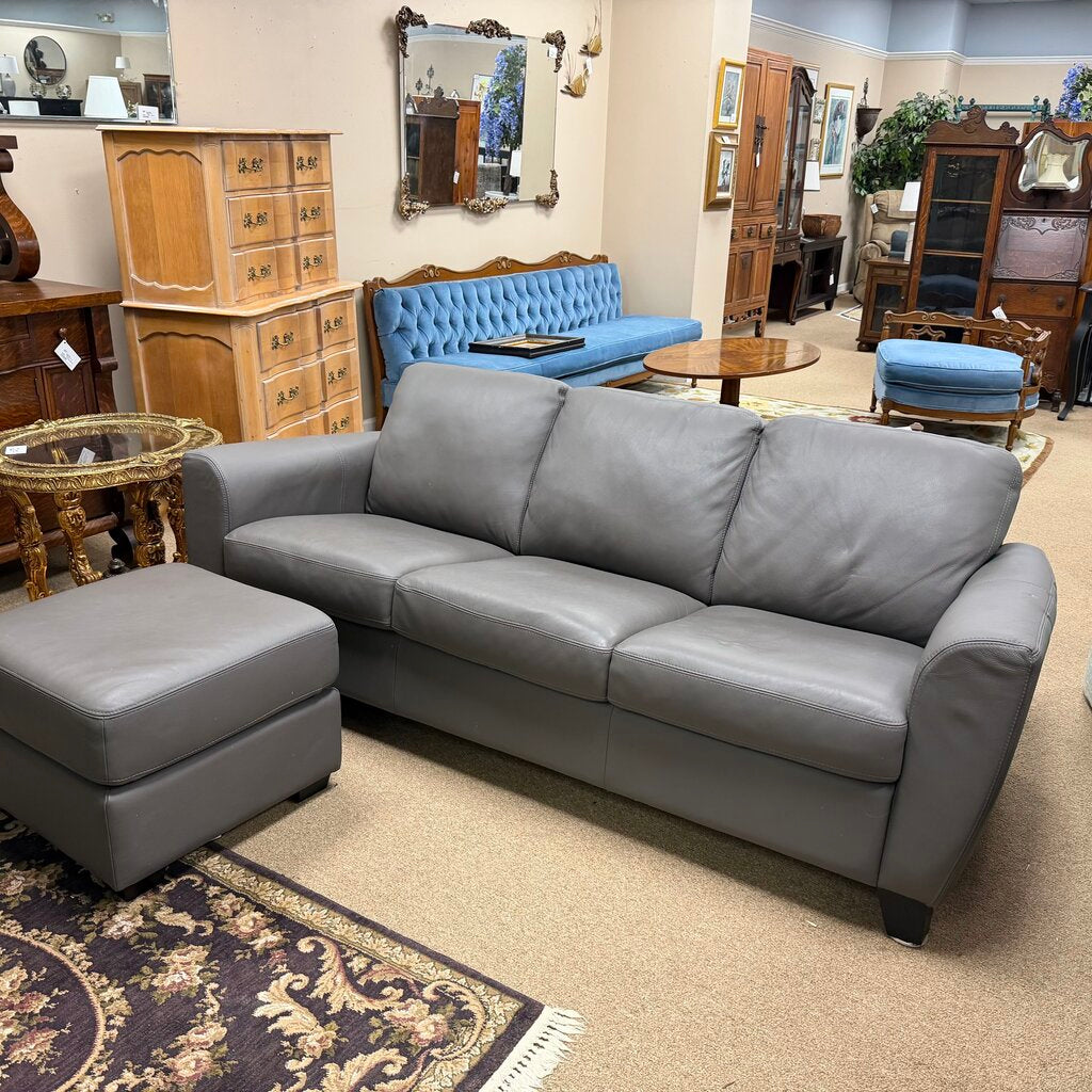 Grey Leather Sofa + Ottoman