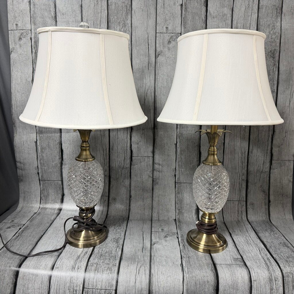Pair Cut Glass + Brass Pineapple Lamps