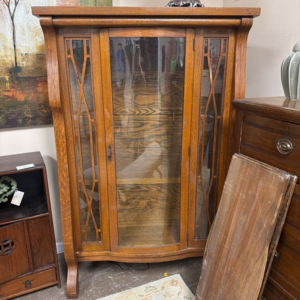 Antique Bow Front Oak Display Cabinet