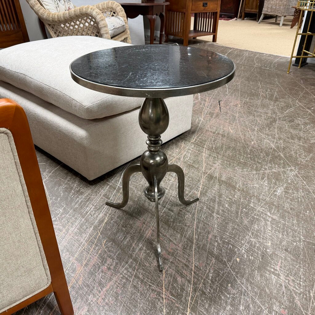 Modern Pedestal Side Table w/Marble Top + Metal Base