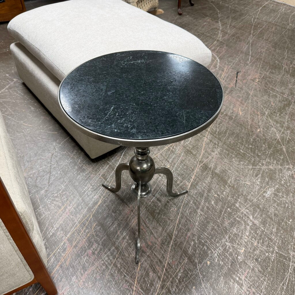 Modern Pedestal Side Table w/Marble Top + Metal Base